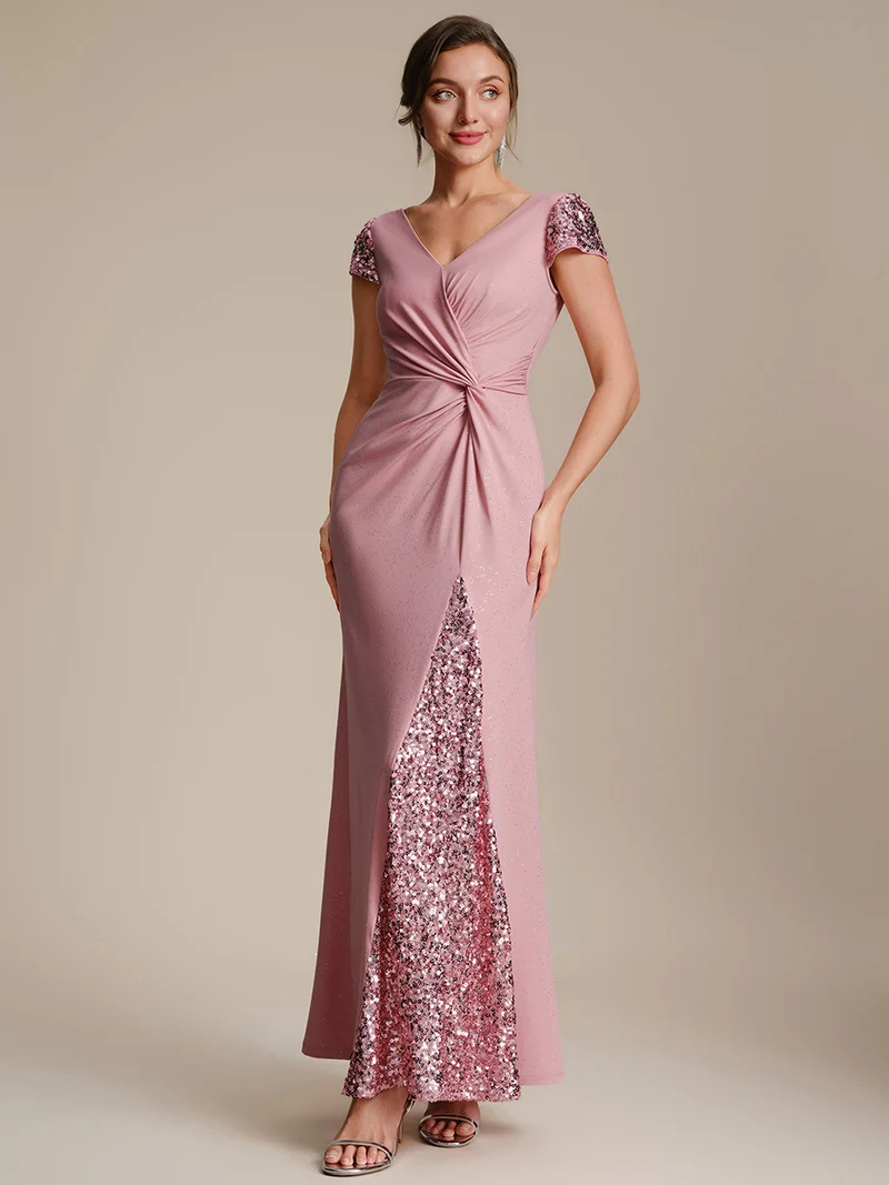 ever KAIA|Robe Moulante Stretch à Manches Courtes Col V Noué avec Sequins