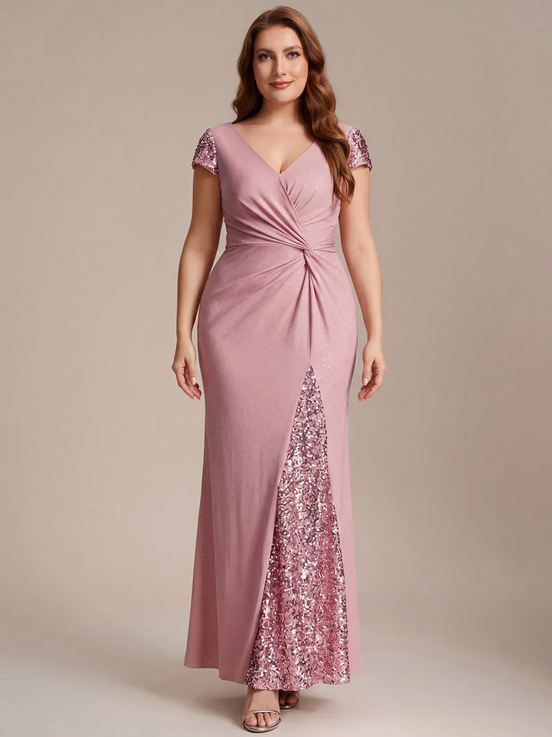 ever KAIA|Robe Moulante Stretch à Manches Courtes Col V Noué avec Sequins