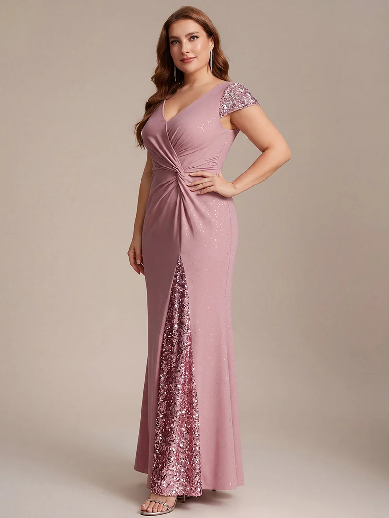 ever KAIA|Robe Moulante Stretch à Manches Courtes Col V Noué avec Sequins