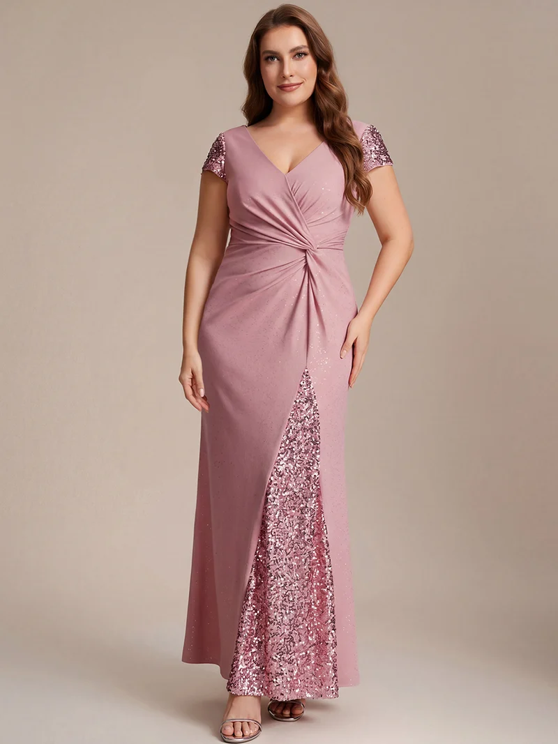 ever KAIA|Robe Moulante Stretch à Manches Courtes Col V Noué avec Sequins