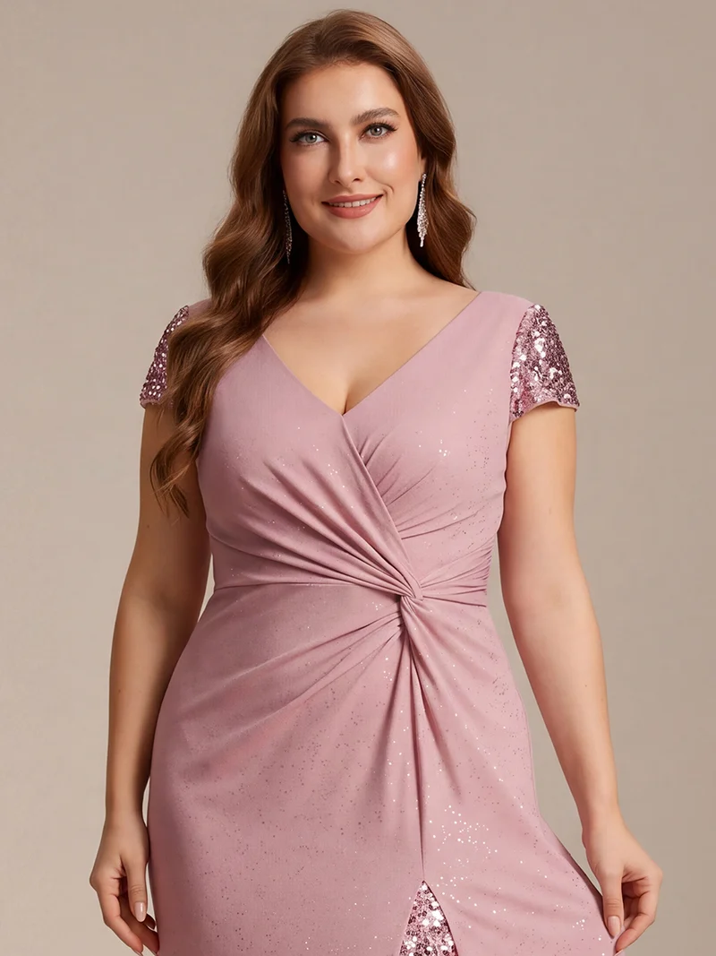 ever KAIA|Robe Moulante Stretch à Manches Courtes Col V Noué avec Sequins