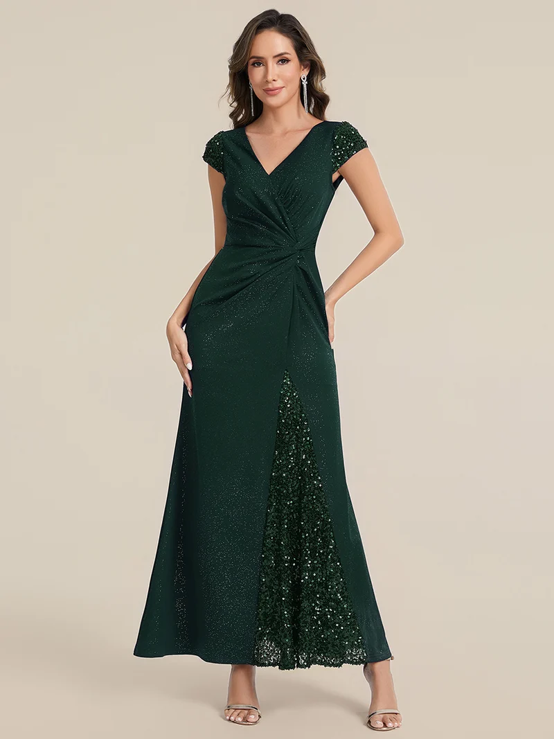 ever KAIA|Robe Moulante Stretch à Manches Courtes Col V Noué avec Sequins