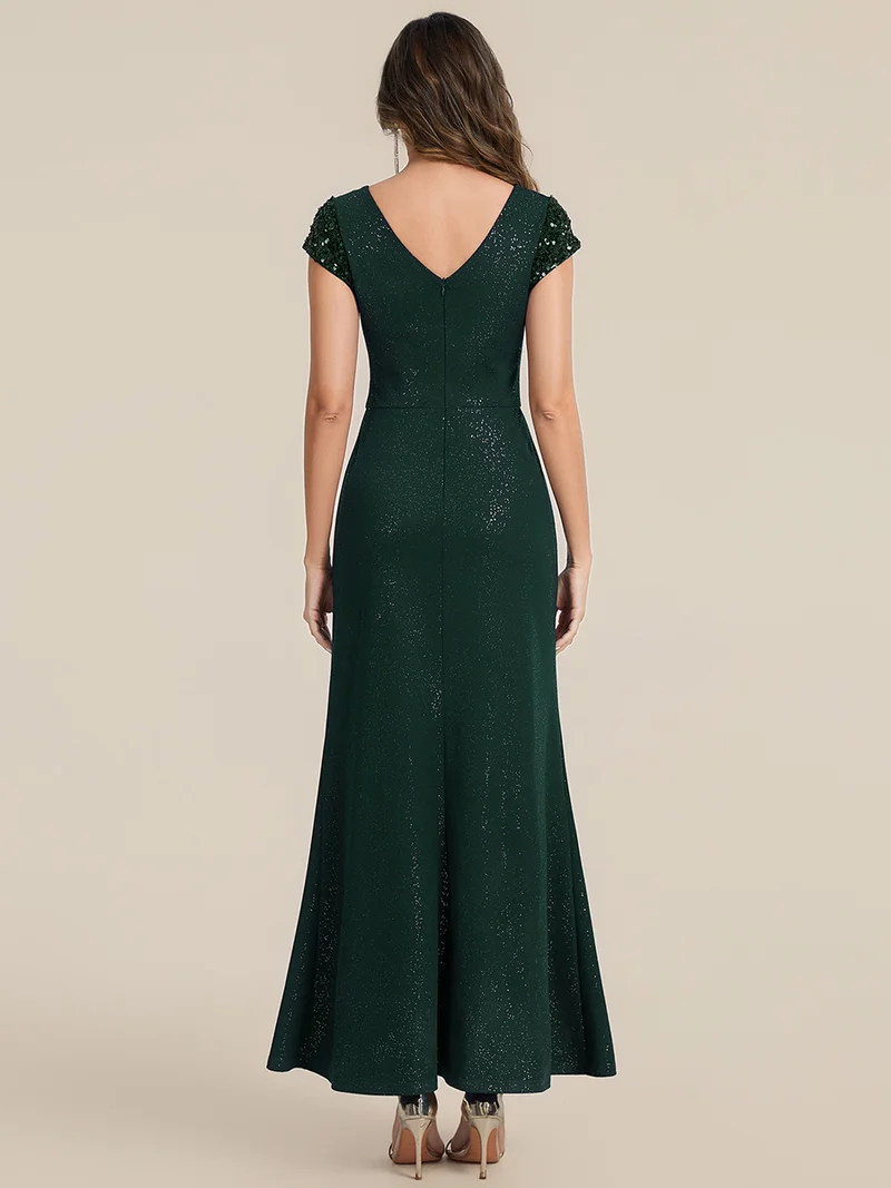 ever KAIA|Robe Moulante Stretch à Manches Courtes Col V Noué avec Sequins