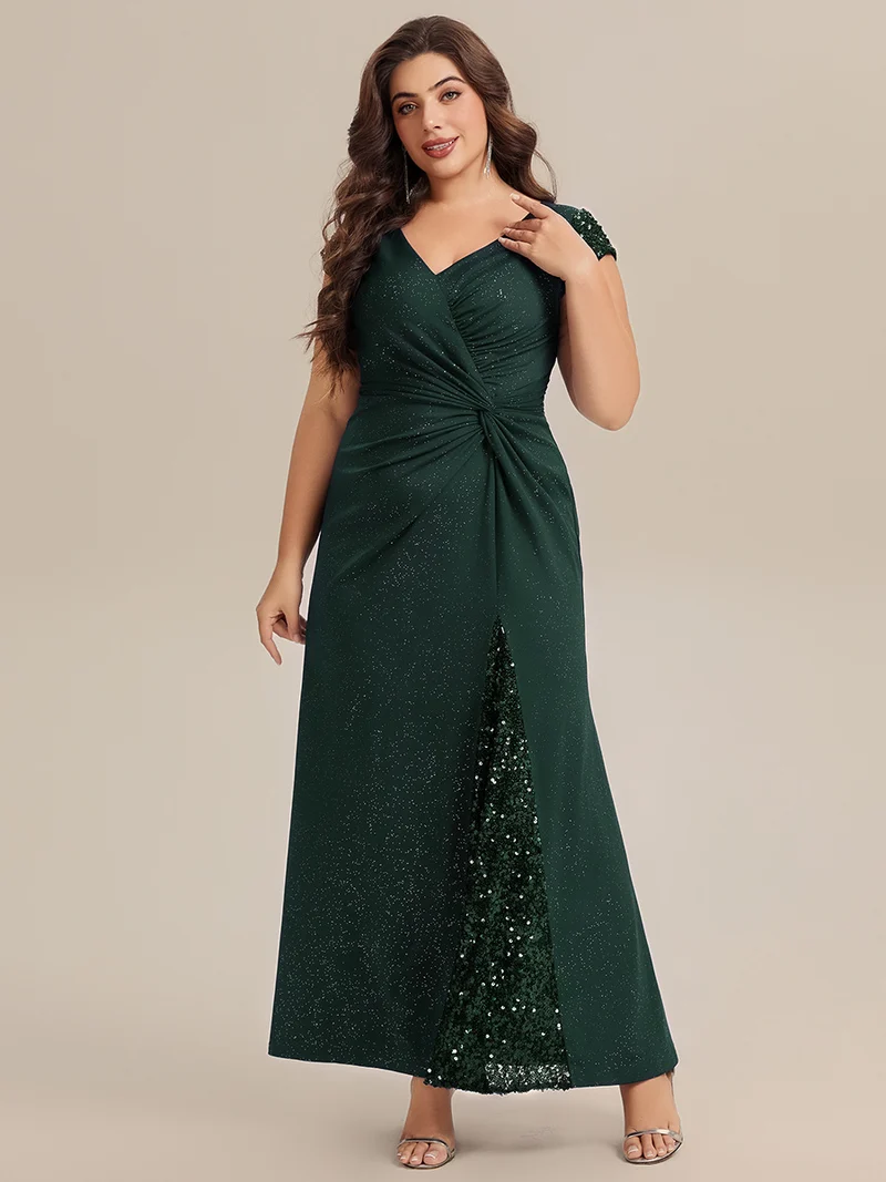 ever KAIA|Robe Moulante Stretch à Manches Courtes Col V Noué avec Sequins
