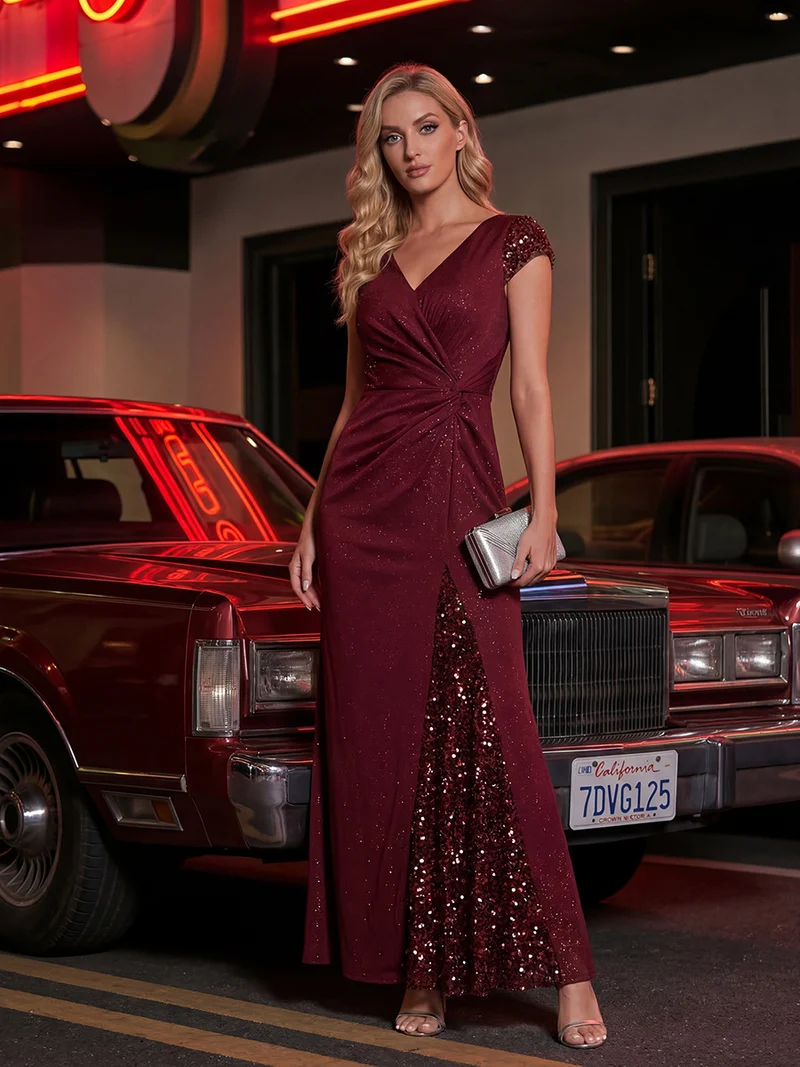 ever KAIA|Robe Moulante Stretch à Manches Courtes Col V Noué avec Sequins