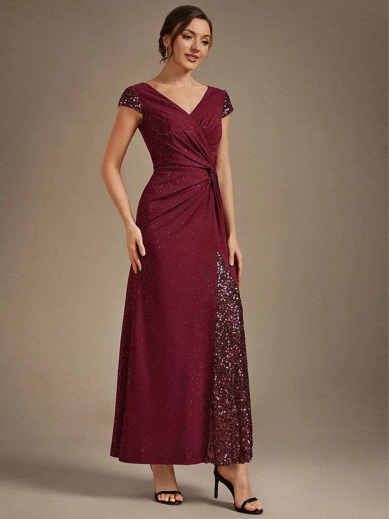 ever KAIA|Robe Moulante Stretch à Manches Courtes Col V Noué avec Sequins