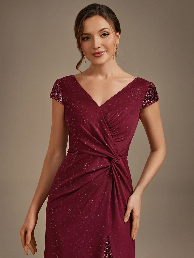 ever KAIA|Robe Moulante Stretch à Manches Courtes Col V Noué avec Sequins