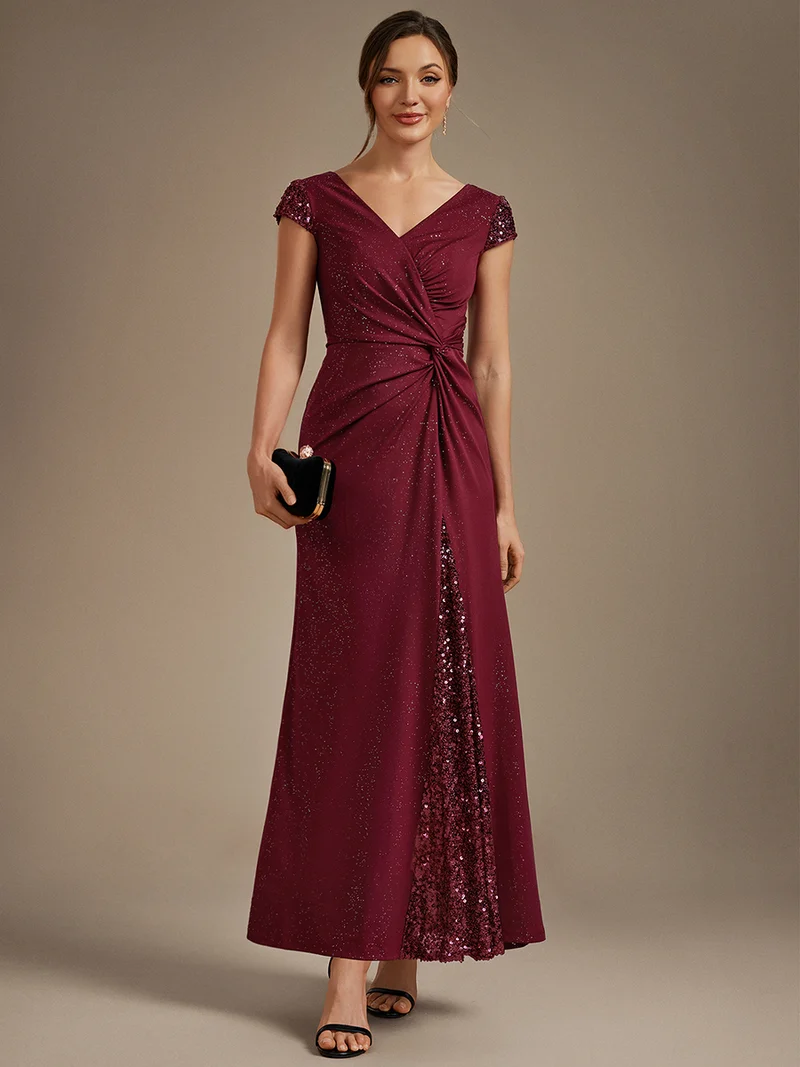 ever KAIA|Robe Moulante Stretch à Manches Courtes Col V Noué avec Sequins