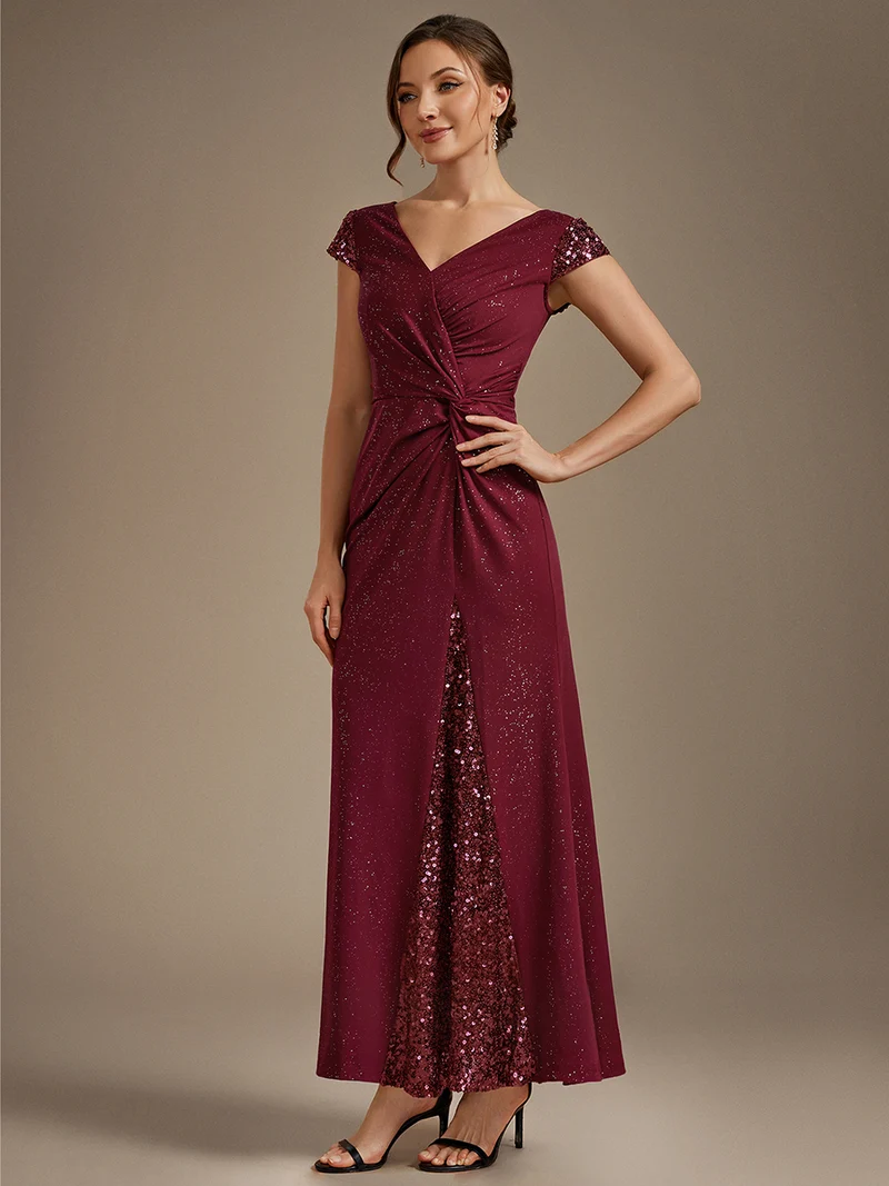 ever KAIA|Robe Moulante Stretch à Manches Courtes Col V Noué avec Sequins