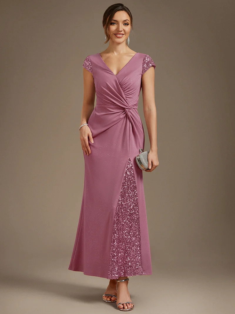 ever KAIA|Robe Moulante Stretch à Manches Courtes Col V Noué avec Sequins