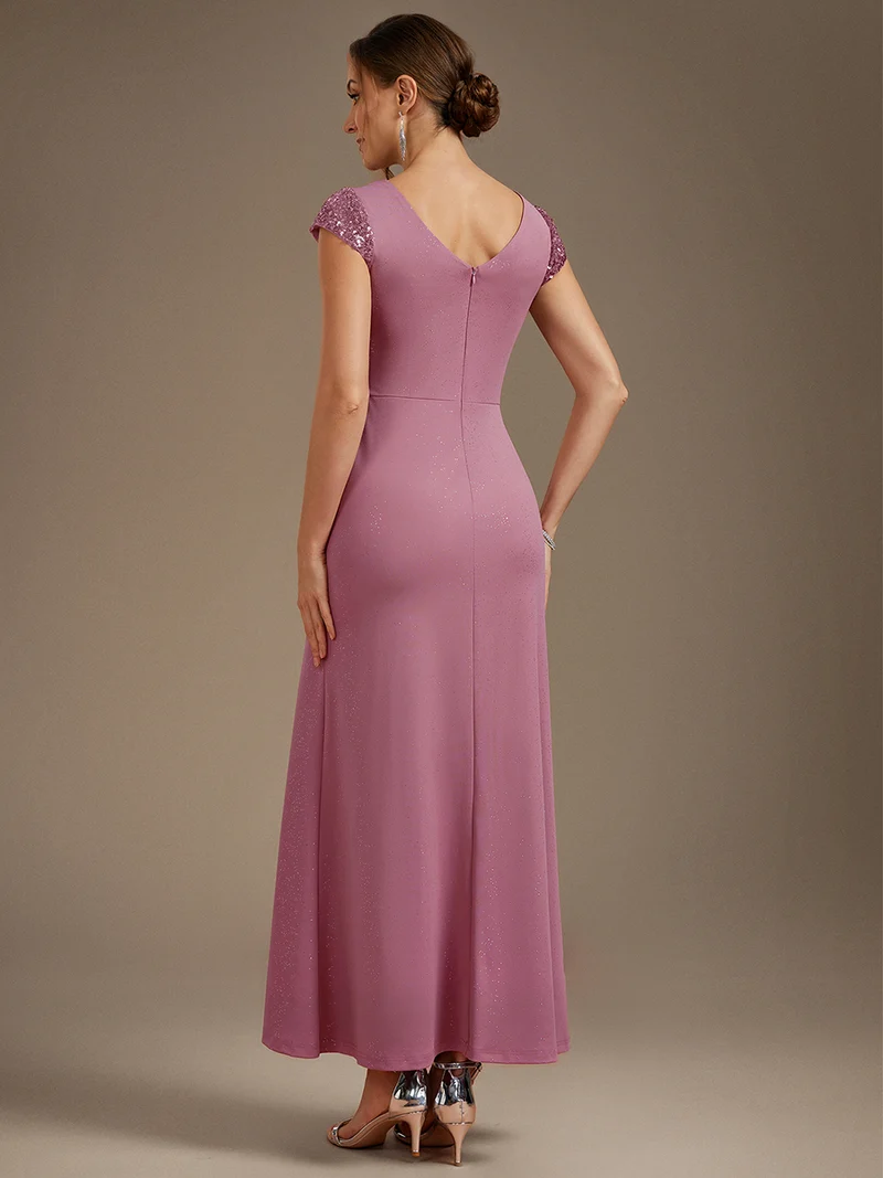 ever KAIA|Robe Moulante Stretch à Manches Courtes Col V Noué avec Sequins