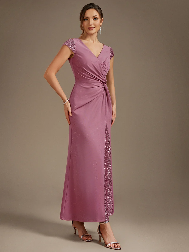 ever KAIA|Robe Moulante Stretch à Manches Courtes Col V Noué avec Sequins