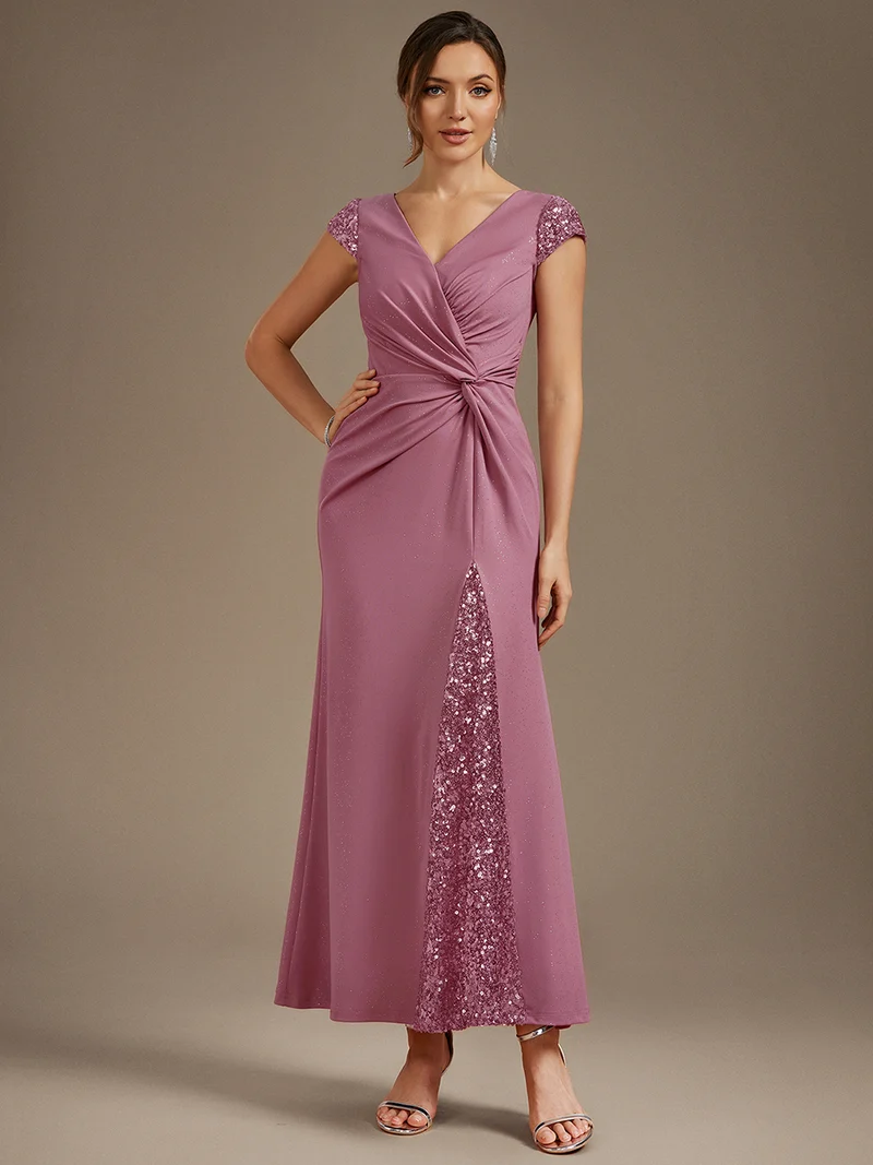 ever KAIA|Robe Moulante Stretch à Manches Courtes Col V Noué avec Sequins