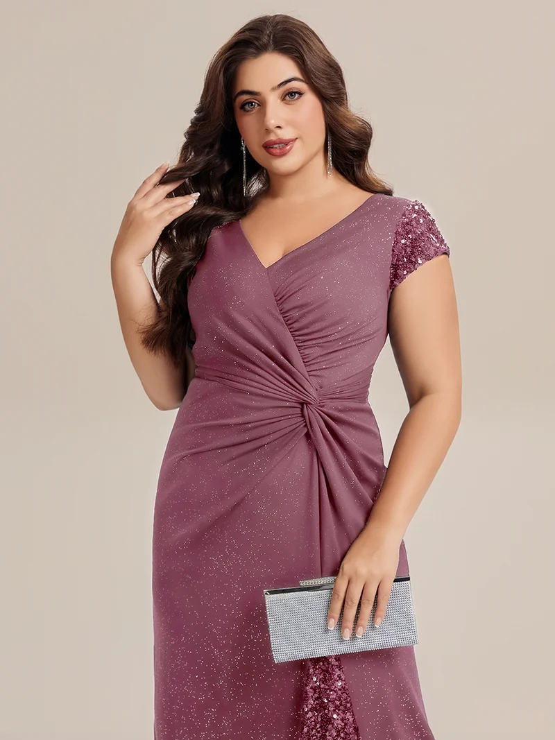 ever KAIA|Robe Moulante Stretch à Manches Courtes Col V Noué avec Sequins
