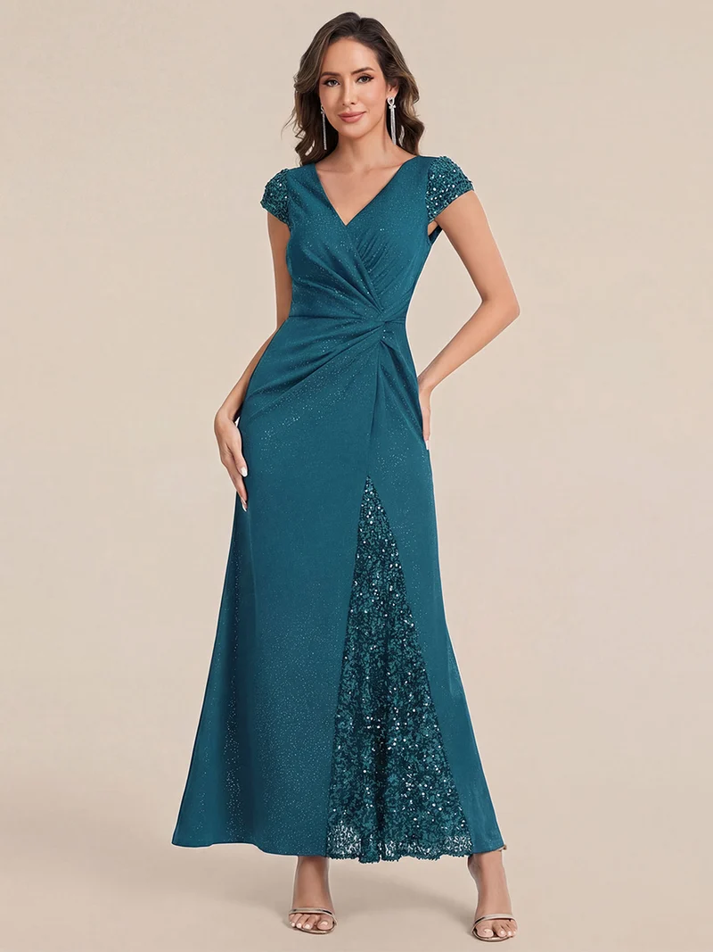 ever KAIA|Robe Moulante Stretch à Manches Courtes Col V Noué avec Sequins