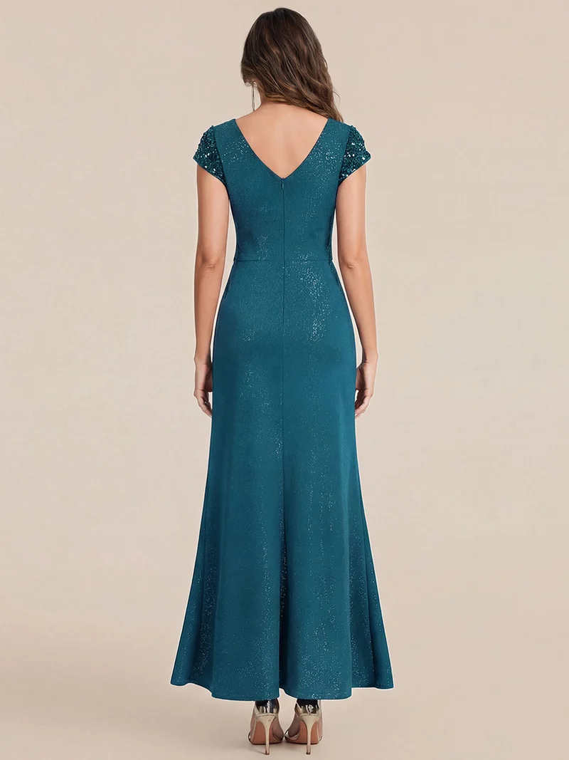 ever KAIA|Robe Moulante Stretch à Manches Courtes Col V Noué avec Sequins