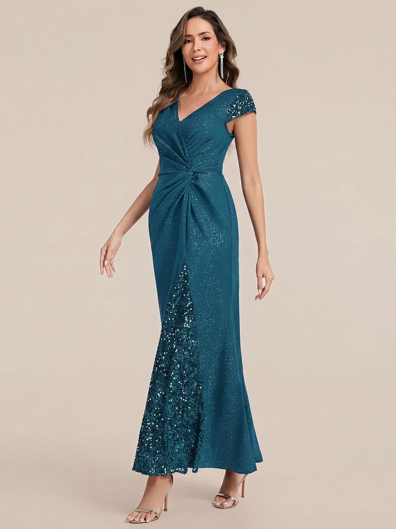 ever KAIA|Robe Moulante Stretch à Manches Courtes Col V Noué avec Sequins