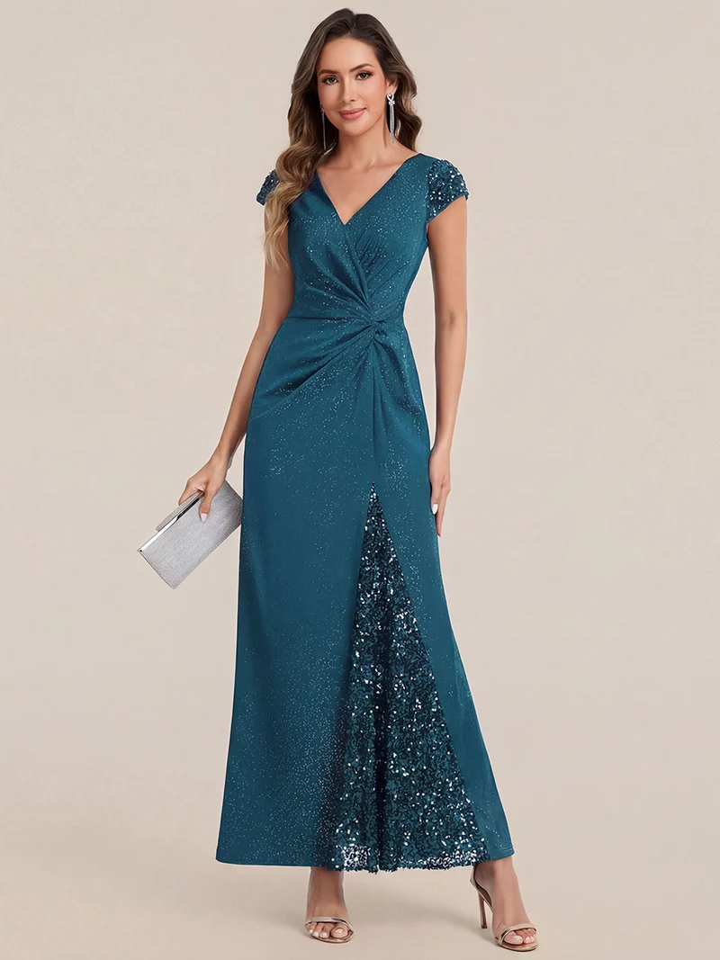 ever KAIA|Robe Moulante Stretch à Manches Courtes Col V Noué avec Sequins