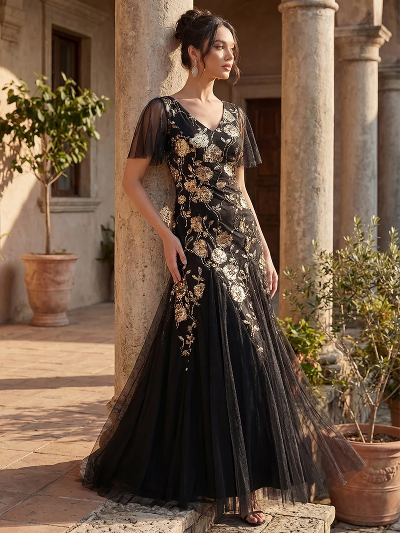 ever ORLA|Robe longue à manches courtes en sequins avec volants et décolleté en V