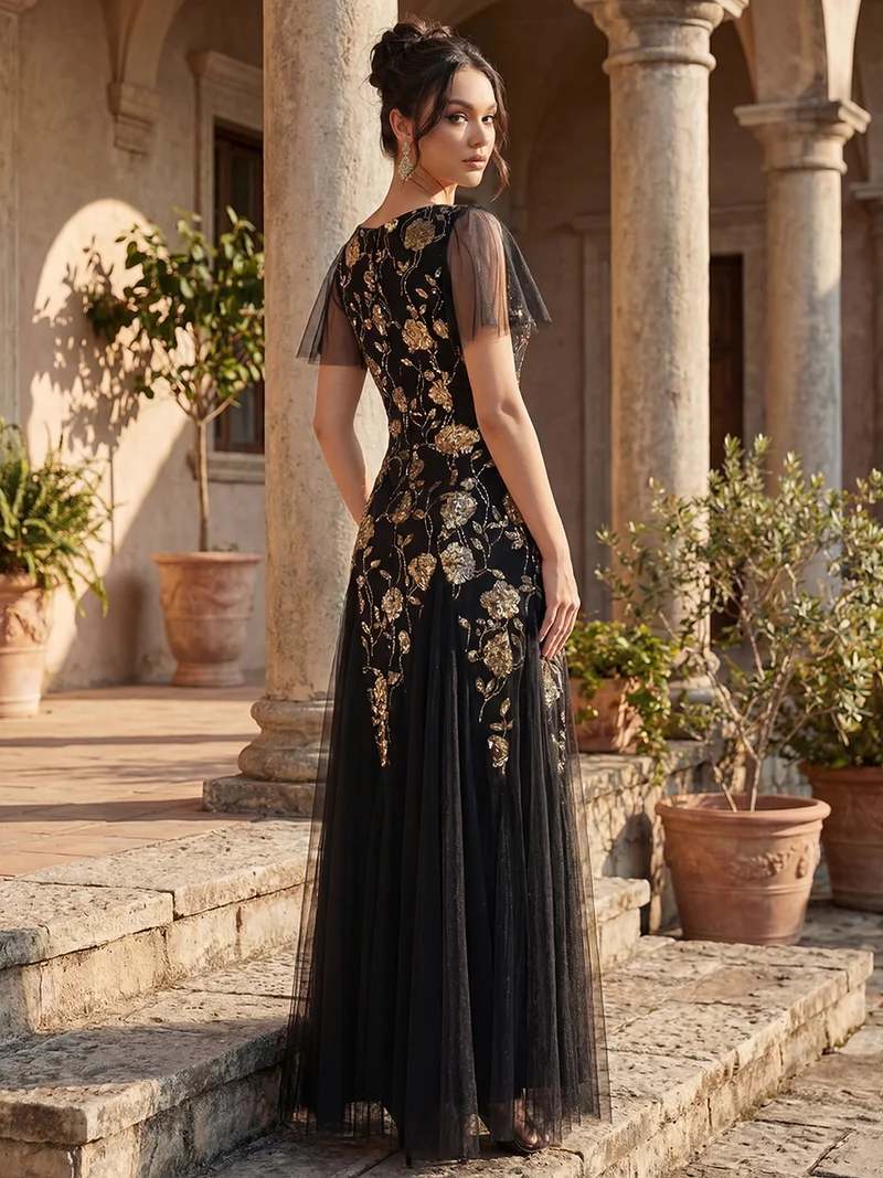ever ORLA|Robe longue à manches courtes en sequins avec volants et décolleté en V