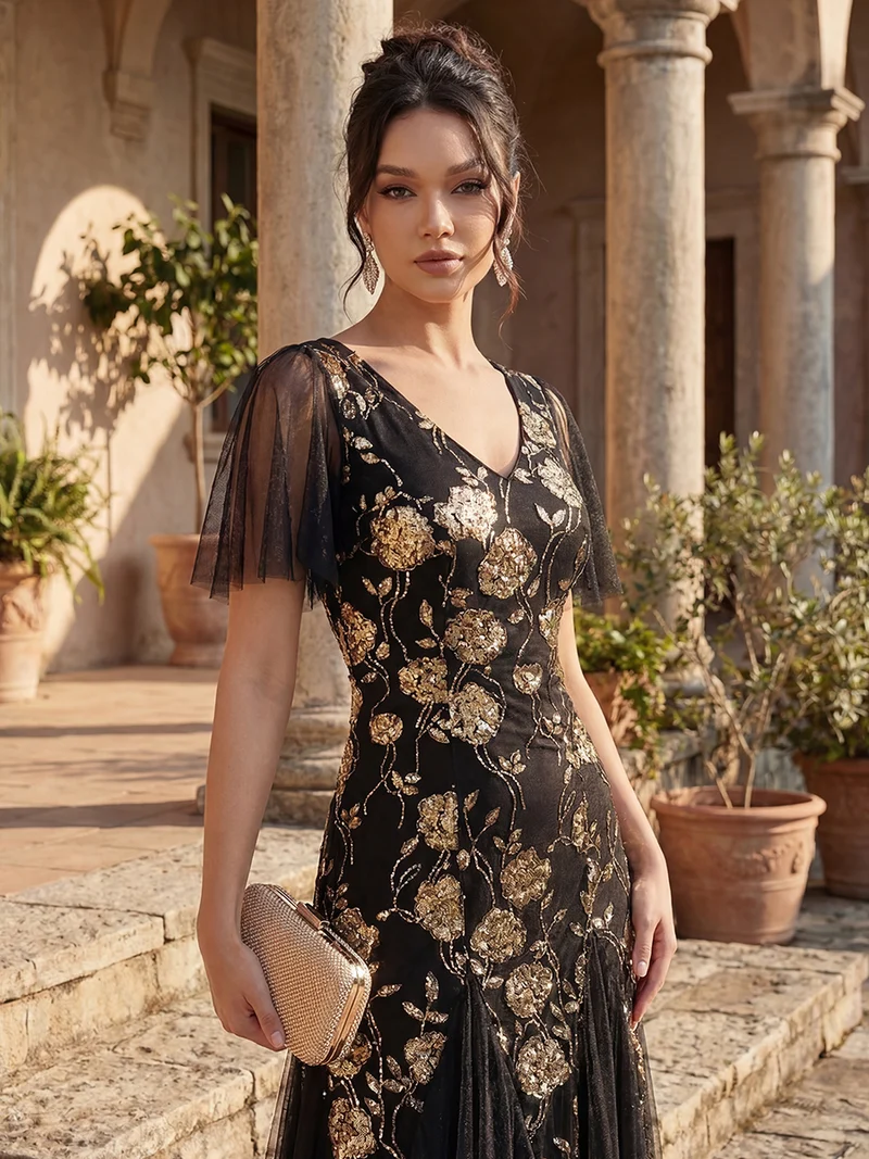 ever ORLA|Robe longue à manches courtes en sequins avec volants et décolleté en V