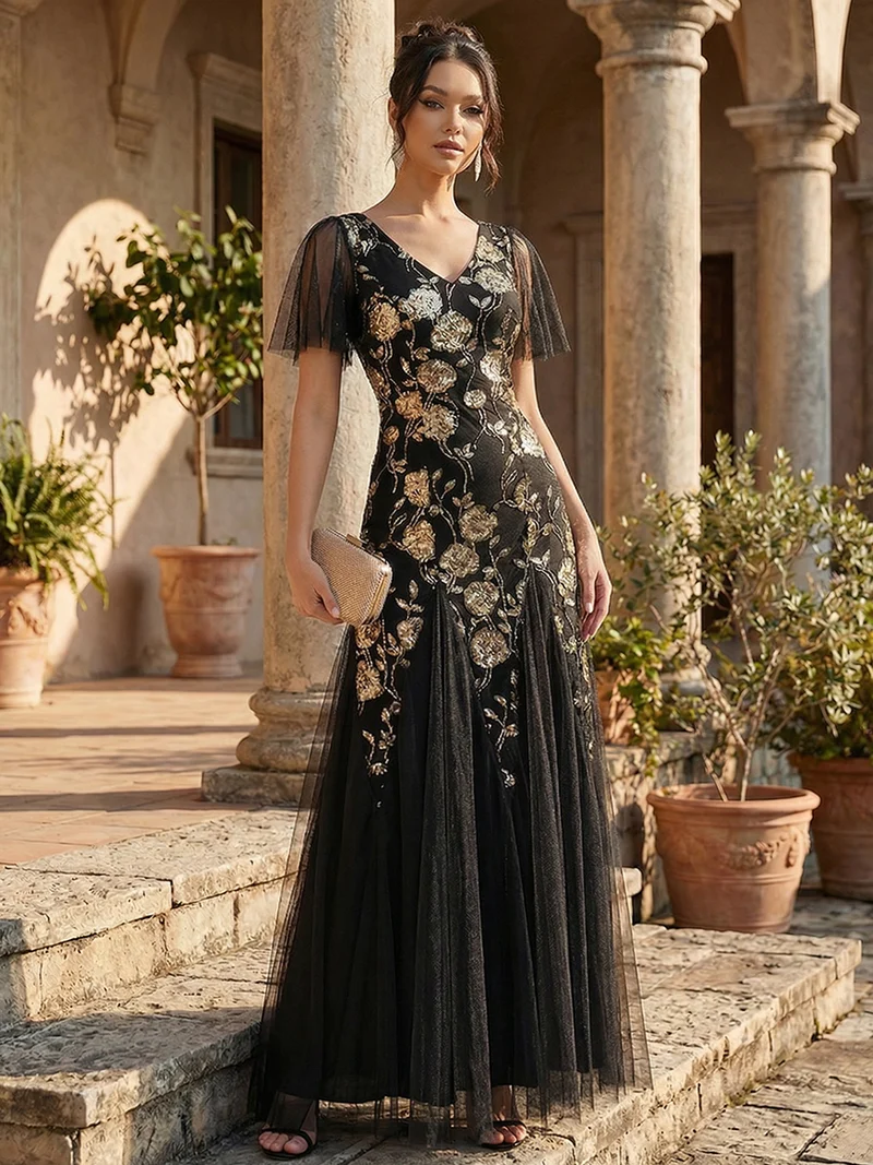 ever ORLA|Robe longue à manches courtes en sequins avec volants et décolleté en V