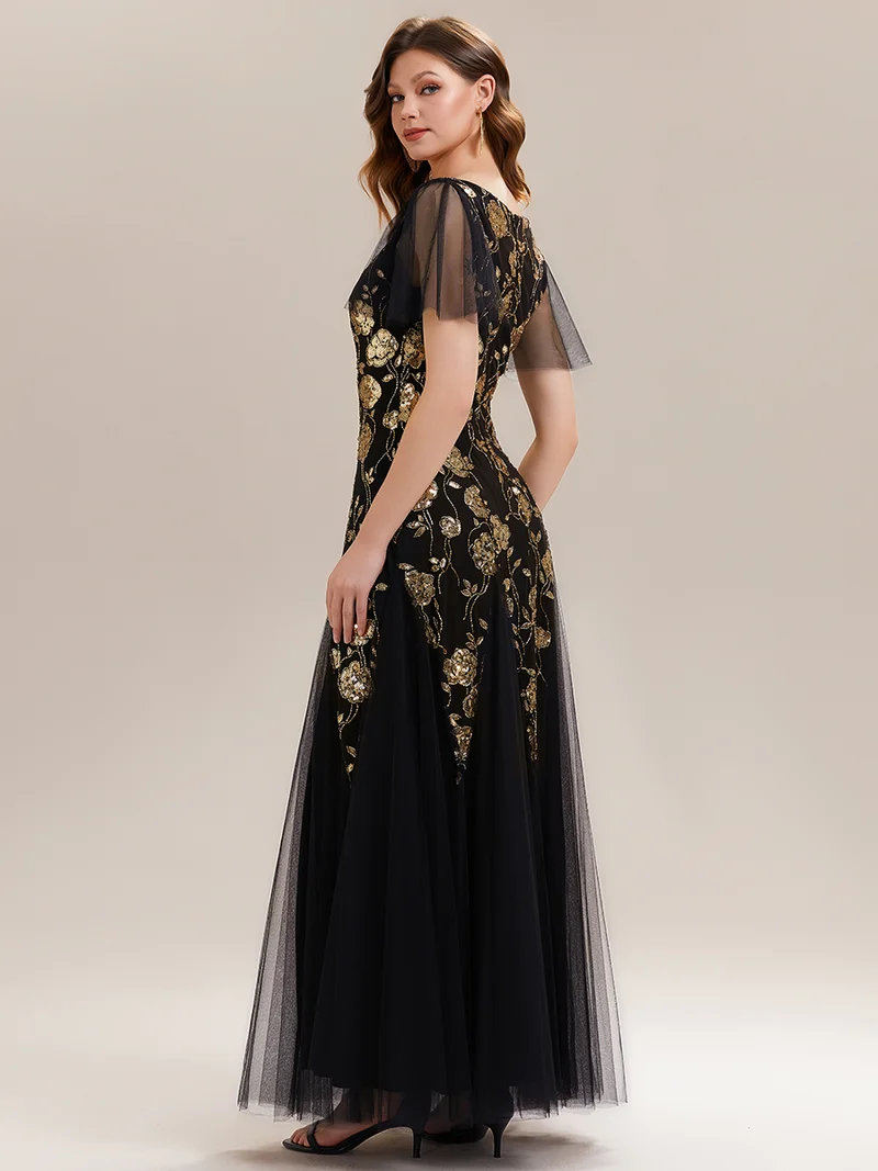 ever ORLA|Robe longue à manches courtes en sequins avec volants et décolleté en V