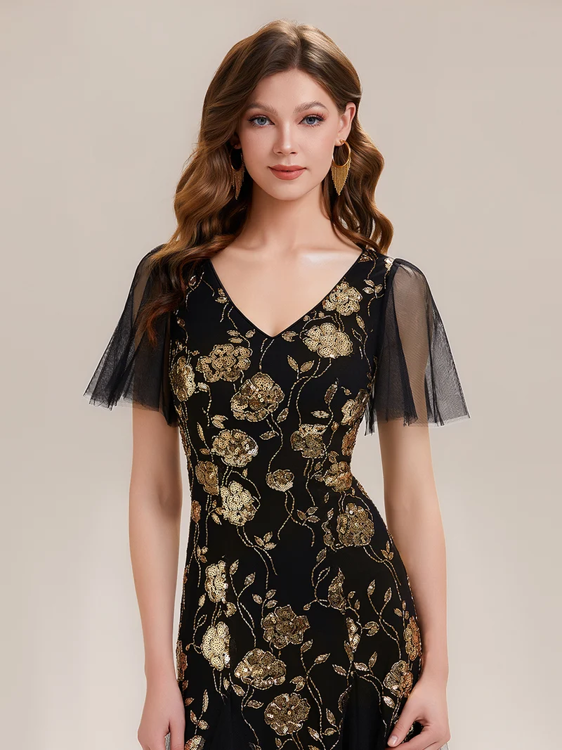 ever ORLA|Robe longue à manches courtes en sequins avec volants et décolleté en V