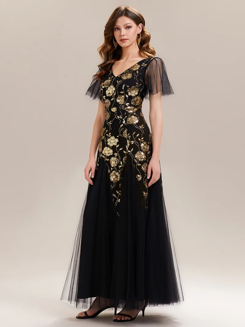 ever ORLA|Robe longue à manches courtes en sequins avec volants et décolleté en V