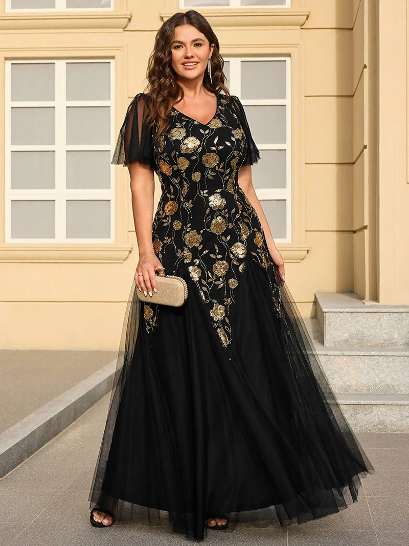 ever ORLA|Robe longue à manches courtes en sequins avec volants et décolleté en V
