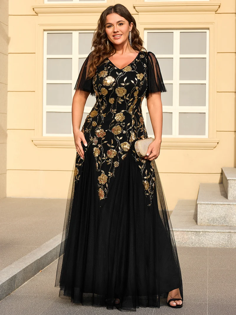 ever ORLA|Robe longue à manches courtes en sequins avec volants et décolleté en V