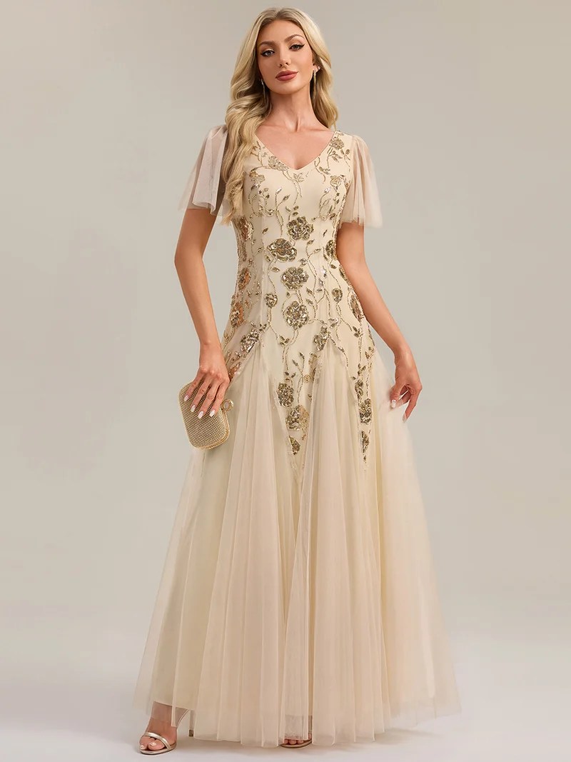 ever ORLA|Robe longue à manches courtes en sequins avec volants et décolleté en V