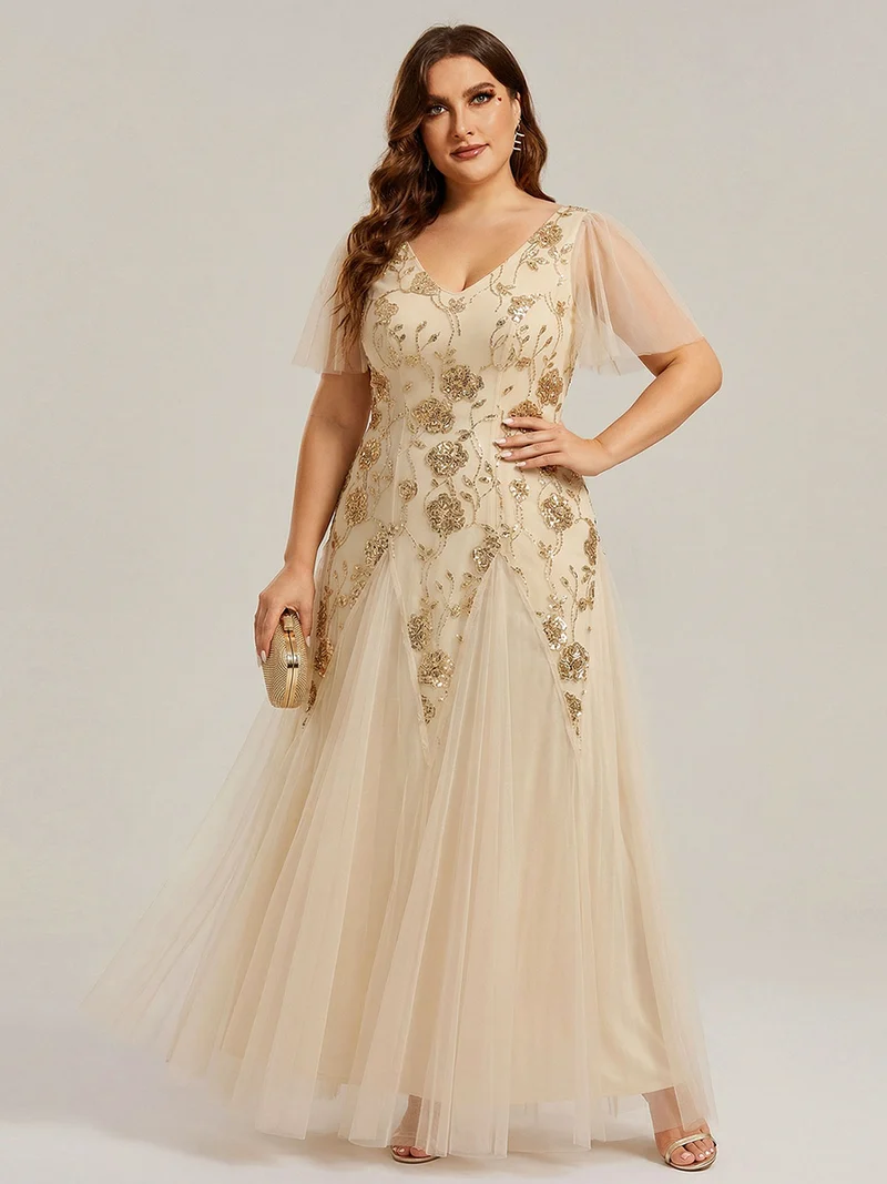 ever ORLA|Robe longue à manches courtes en sequins avec volants et décolleté en V