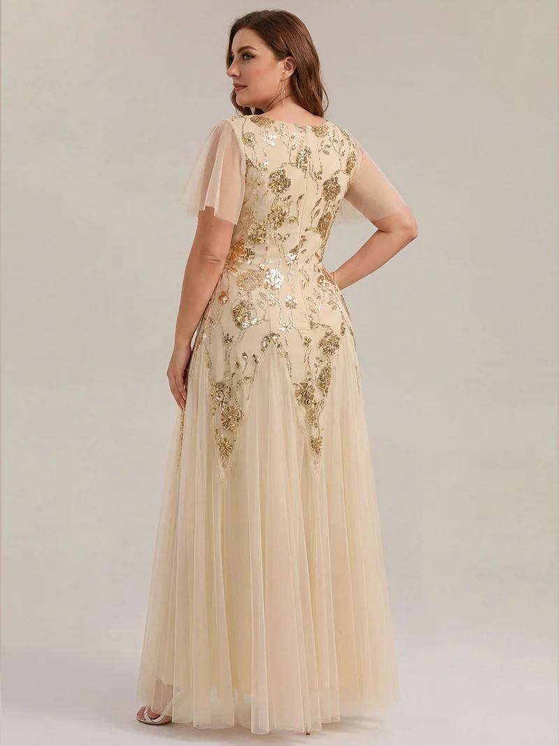 ever ORLA|Robe longue à manches courtes en sequins avec volants et décolleté en V