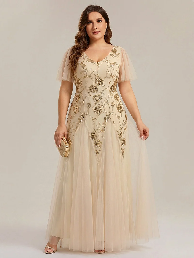 ever ORLA|Robe longue à manches courtes en sequins avec volants et décolleté en V