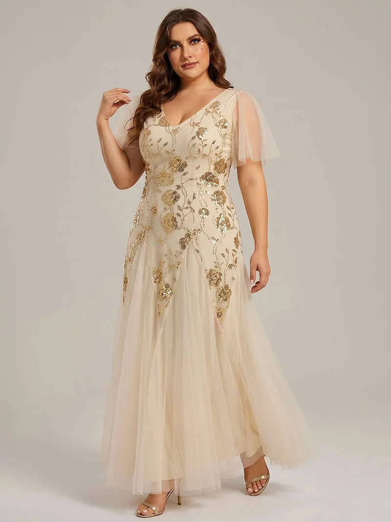 ever ORLA|Robe longue à manches courtes en sequins avec volants et décolleté en V