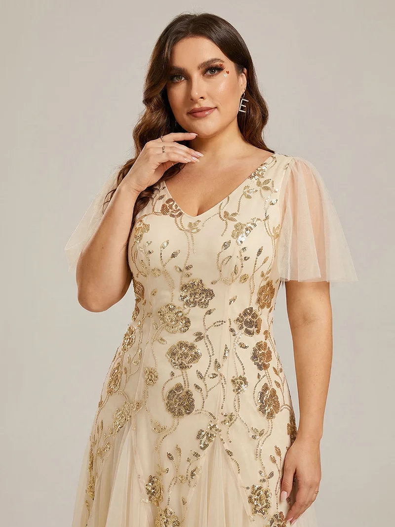 ever ORLA|Robe longue à manches courtes en sequins avec volants et décolleté en V