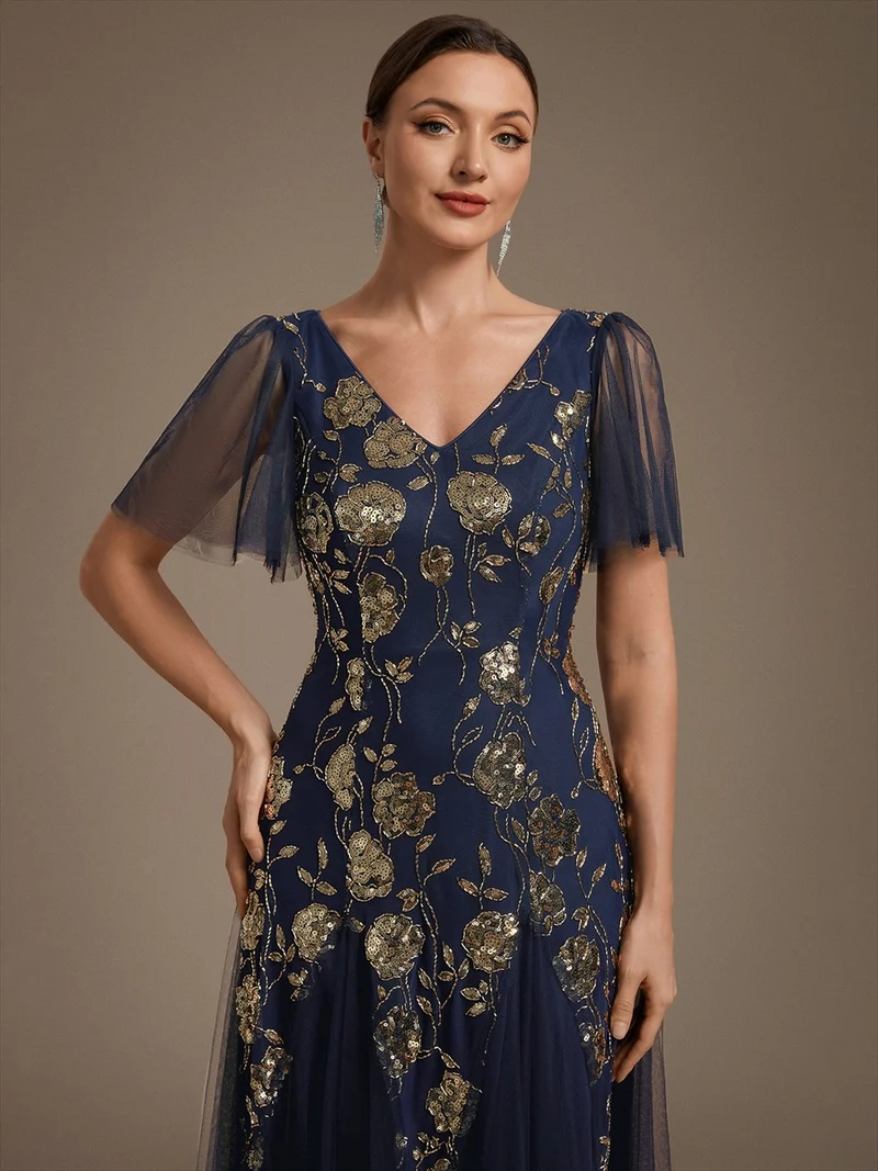 ever ORLA|Robe longue à manches courtes en sequins avec volants et décolleté en V