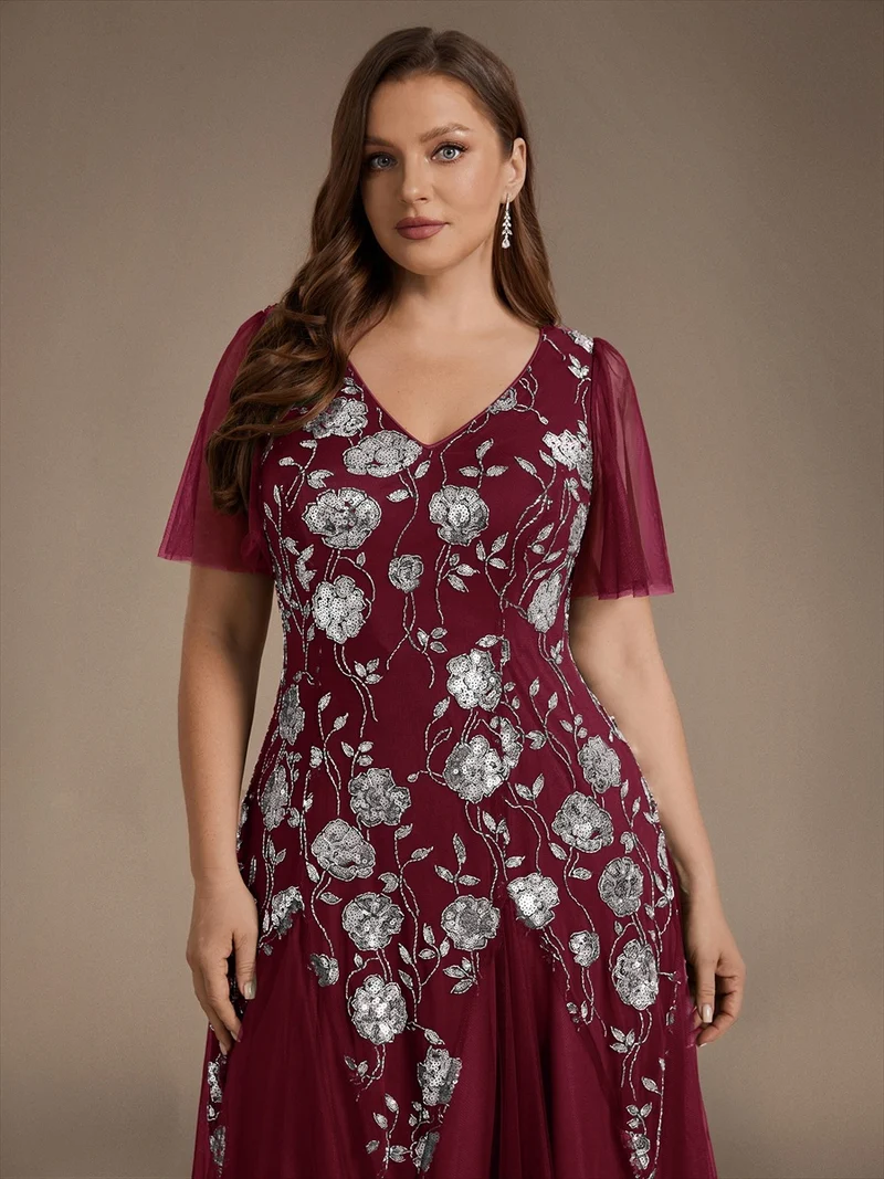 ever ORLA|Robe longue à manches courtes en sequins avec volants et décolleté en V