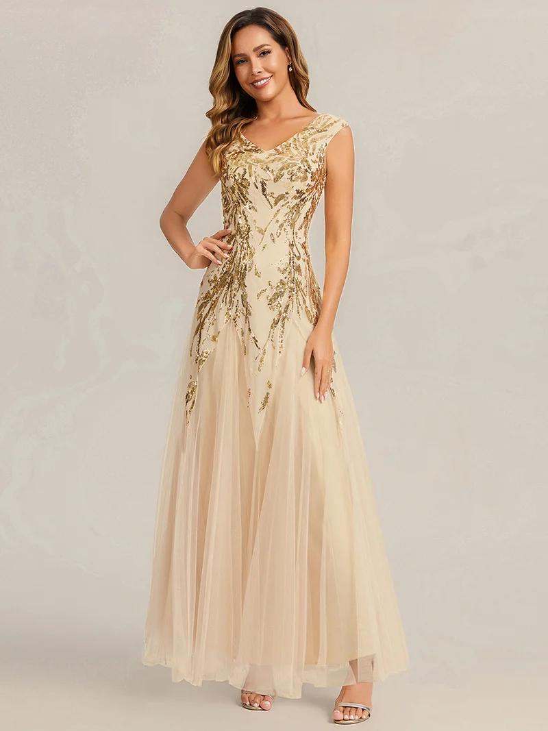 ever FREYA|Robe Longue de Soirée Chic en Tulle Brodé de Fleurs et Sequins
