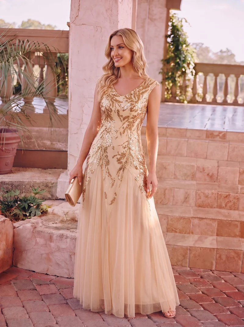 ever FREYA|Robe Longue de Soirée Chic en Tulle Brodé de Fleurs et Sequins