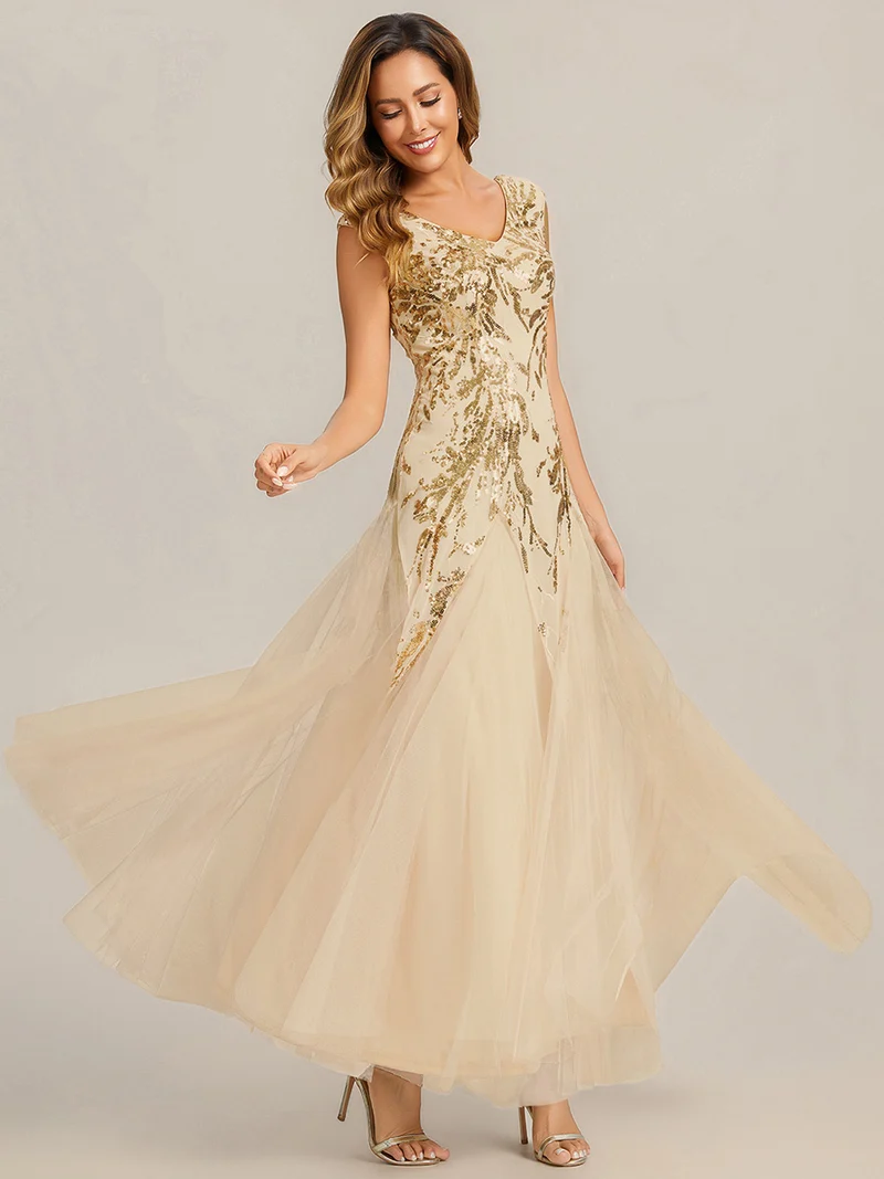 ever FREYA|Robe Longue de Soirée Chic en Tulle Brodé de Fleurs et Sequins