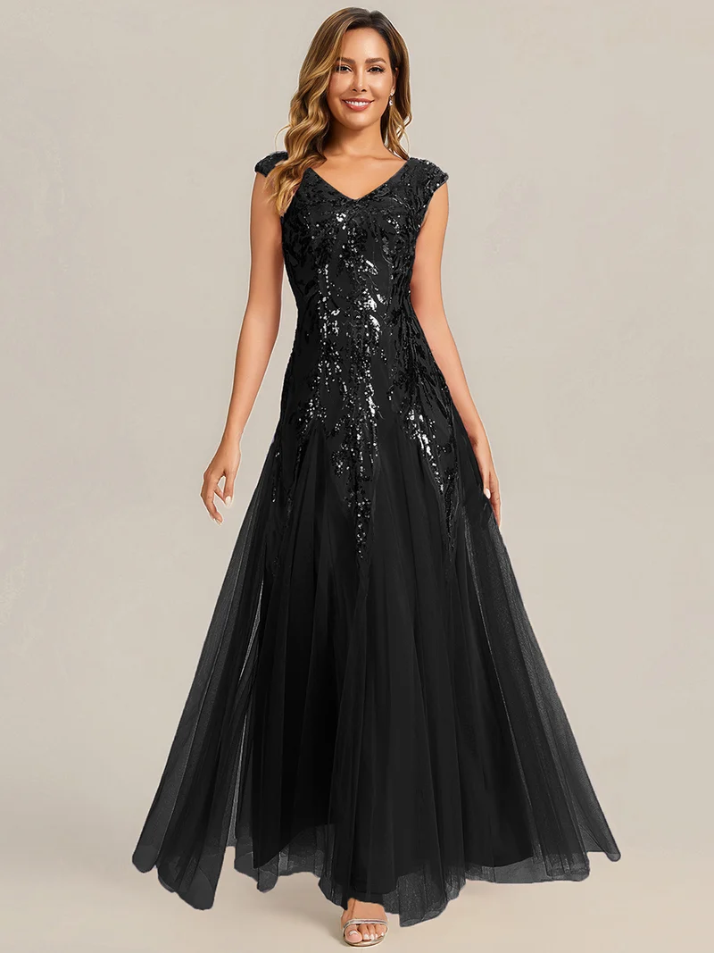 ever FREYA|Robe Longue de Soirée Chic en Tulle Brodé de Fleurs et Sequins