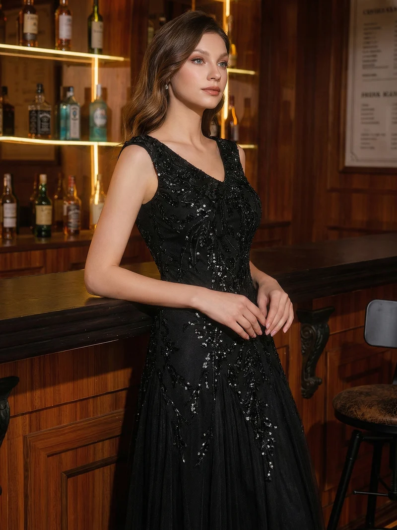 ever FREYA|Robe Longue de Soirée Chic en Tulle Brodé de Fleurs et Sequins