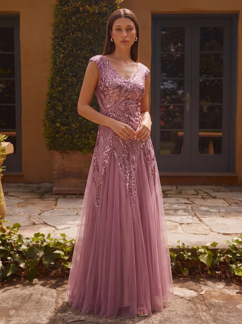 ever FREYA|Robe Longue de Soirée Chic en Tulle Brodé de Fleurs et Sequins