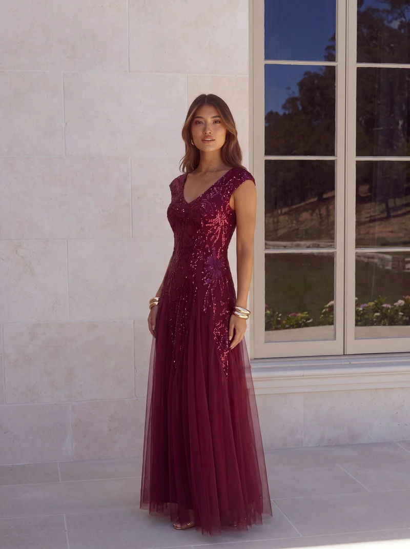 ever FREYA|Robe Longue de Soirée Chic en Tulle Brodé de Fleurs et Sequins