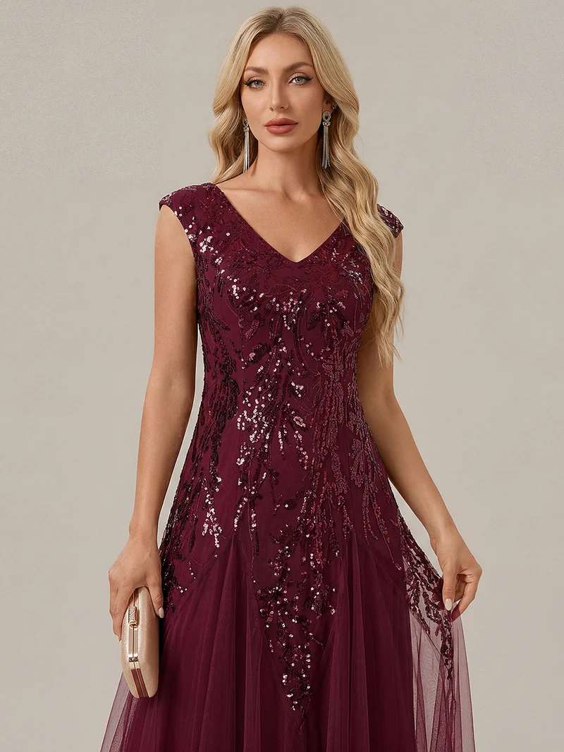 ever FREYA|Robe Longue de Soirée Chic en Tulle Brodé de Fleurs et Sequins