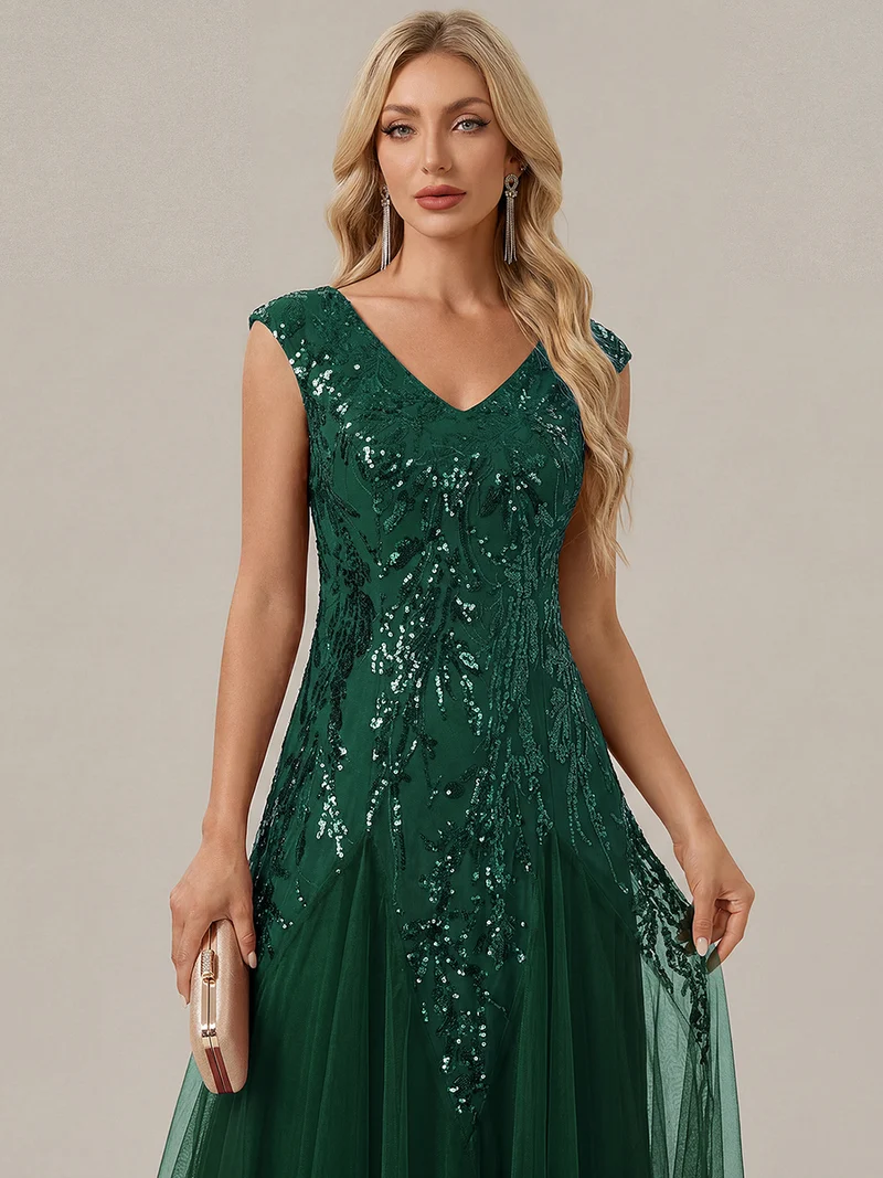 ever FREYA|Robe Longue de Soirée Chic en Tulle Brodé de Fleurs et Sequins
