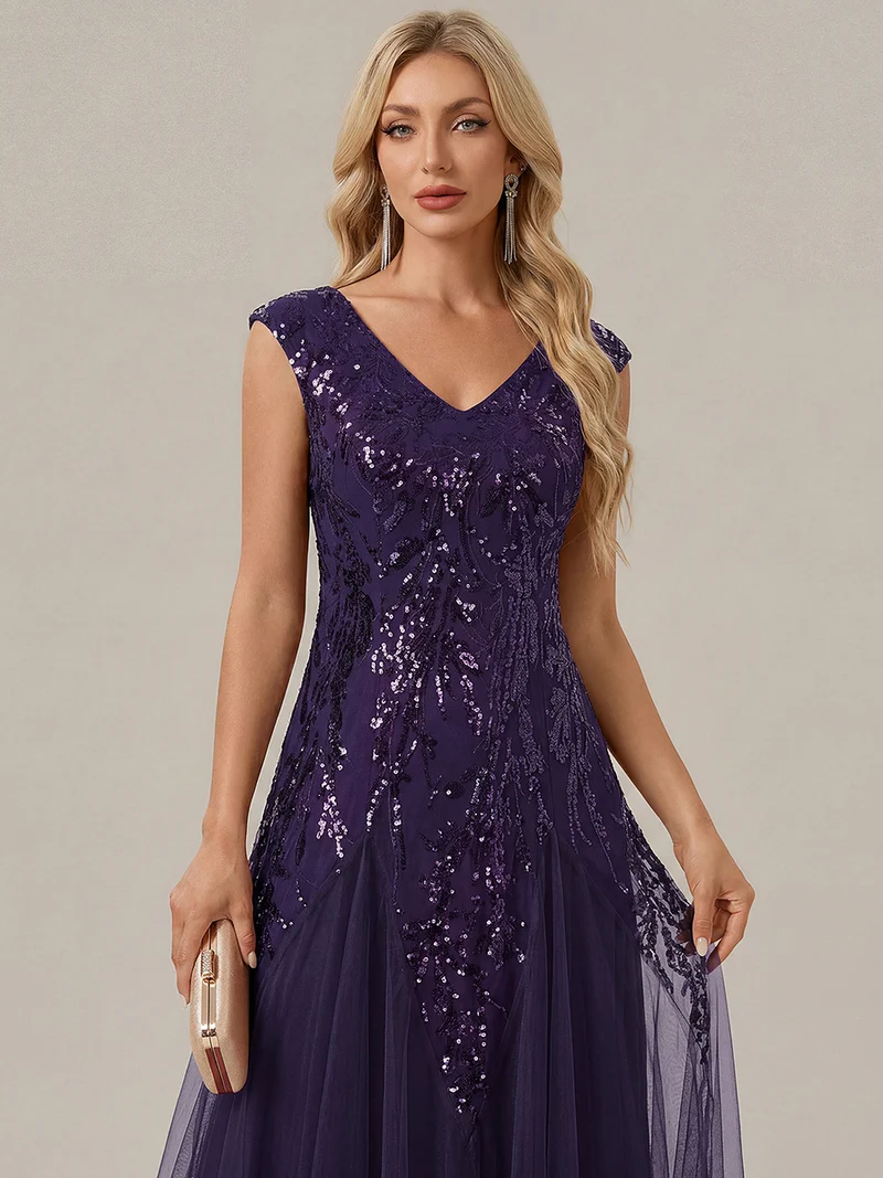 ever FREYA|Robe Longue de Soirée Chic en Tulle Brodé de Fleurs et Sequins
