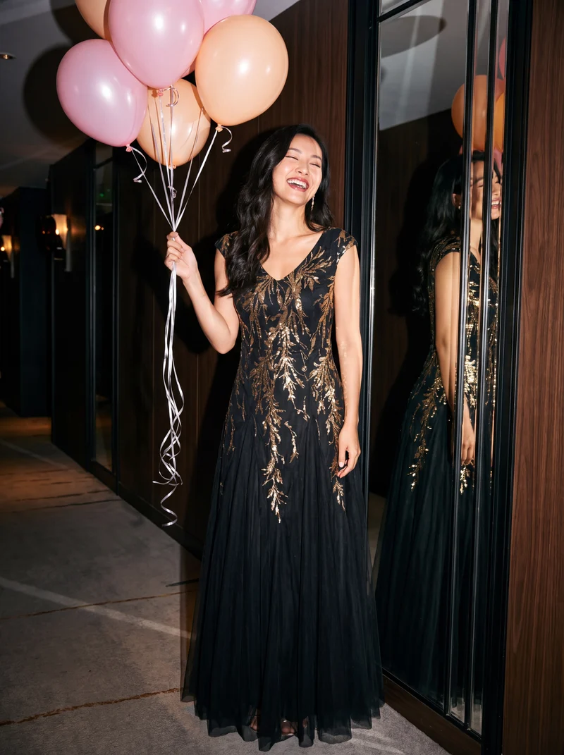 ever FREYA|Robe Longue de Soirée Chic en Tulle Brodé de Fleurs et Sequins